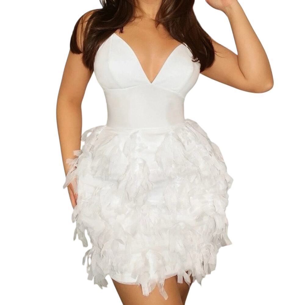 Solid Fuzzy Trim Cami Dress in White, Size XS​